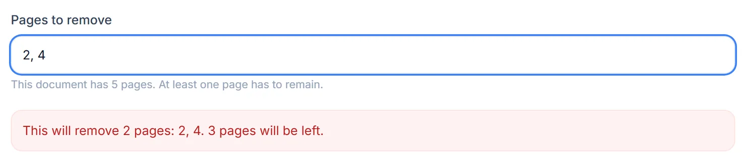 The preview confirms which pages will be removed before you run it.