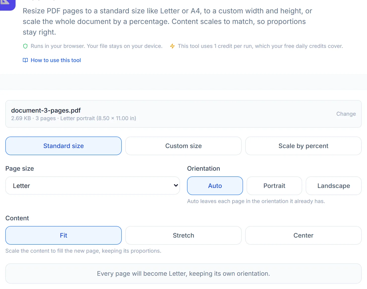 Standard size, a custom size, or a percentage scale, each with a live preview of the result.