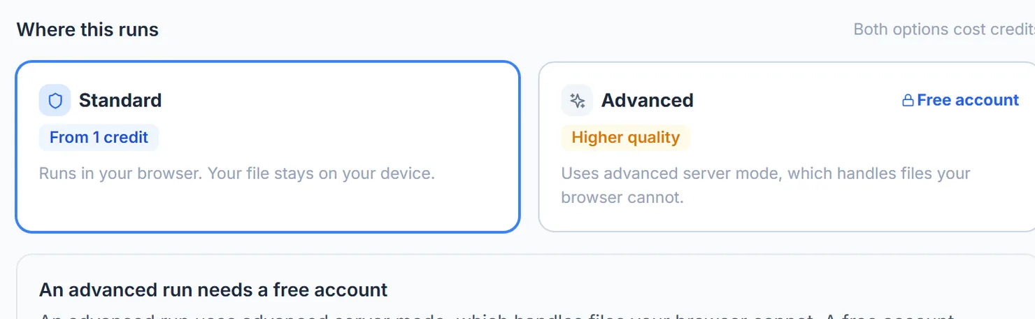 Advanced server mode is included with a free account. Signed out, it explains this instead of running.