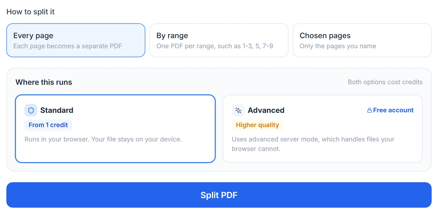 Choose every page, or type the ranges or pages you want split out.