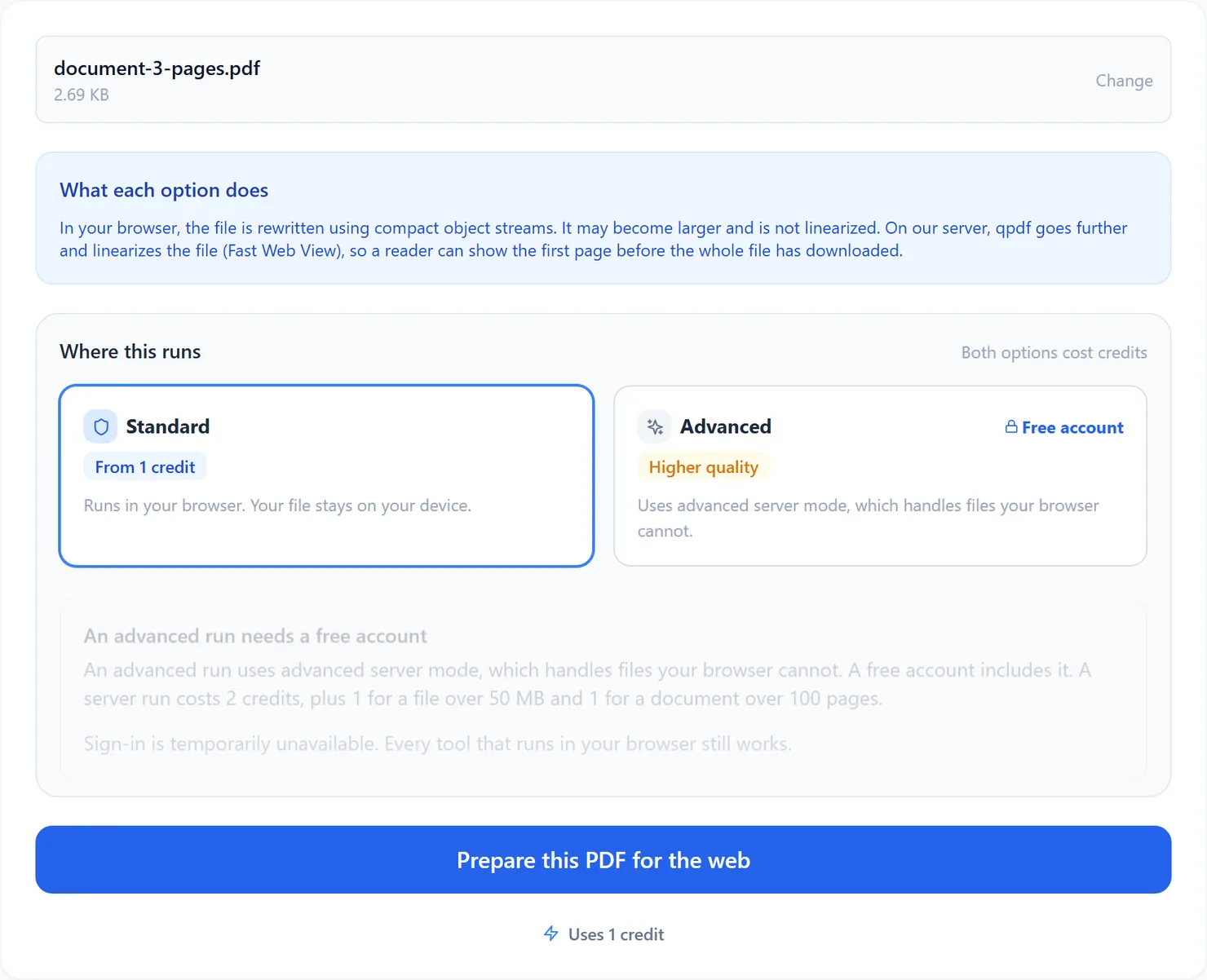 Choosing Advanced without an account explains what it needs, rather than starting a run.