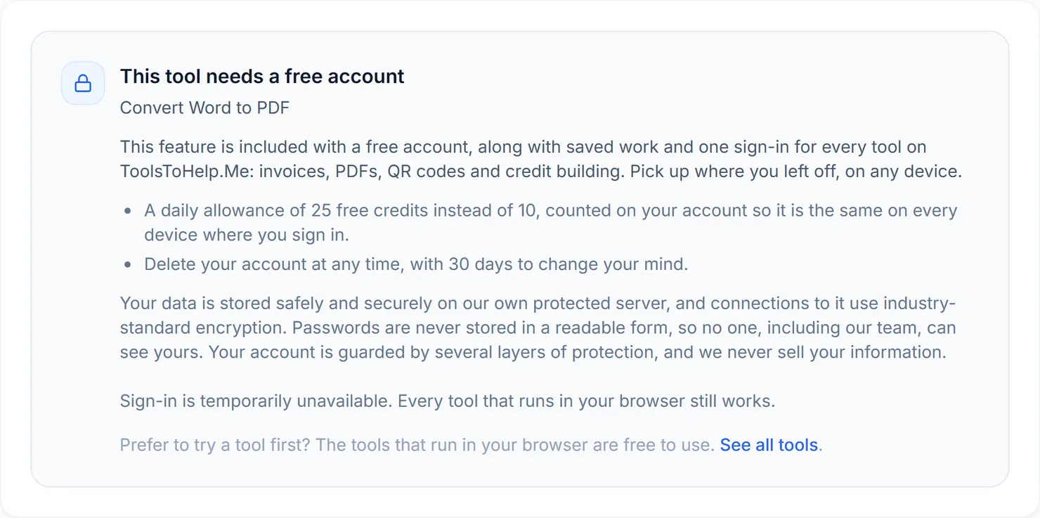 Signed out, Word to PDF explains that this feature needs a free account.